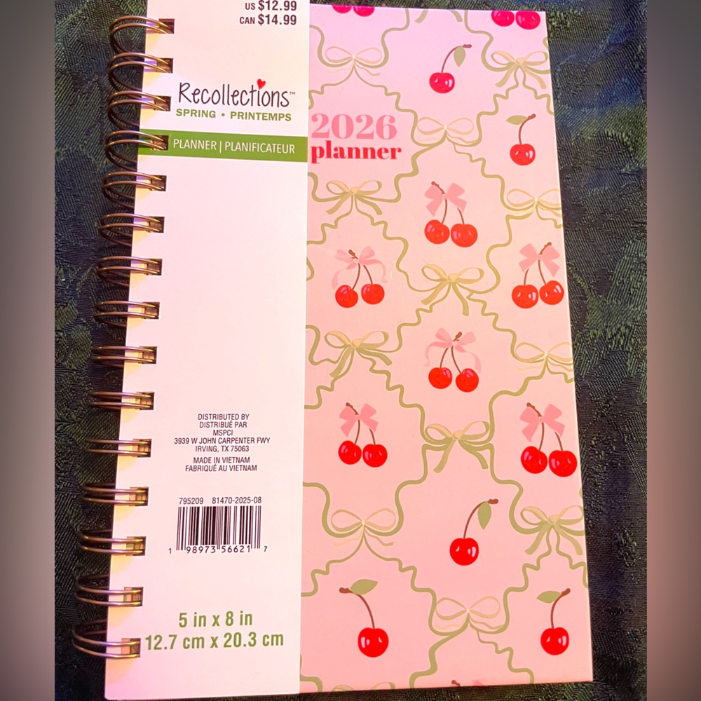 🍒Hardcover 2026 Organizational Planner, Monthly&Weekly, Cherry Design with Bows